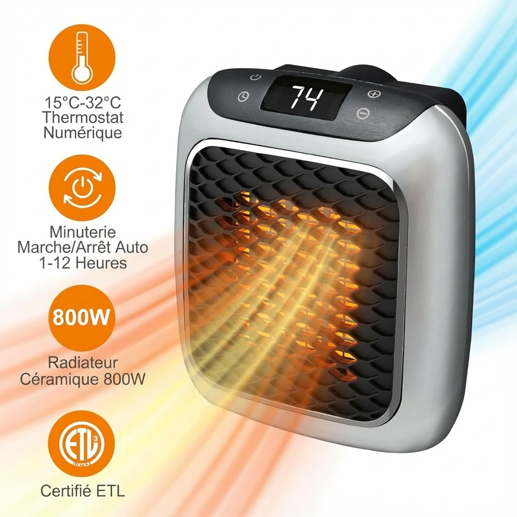 Ontel Handy Heater Turbo Wall Outlet Small Space Heater with Adjustable Thermostat, Programmable 12-Hour Timer, Auto Shut Off - Quiet, Space-Saving, Ceramic (Packaging May Vary) (Turbo Heat)