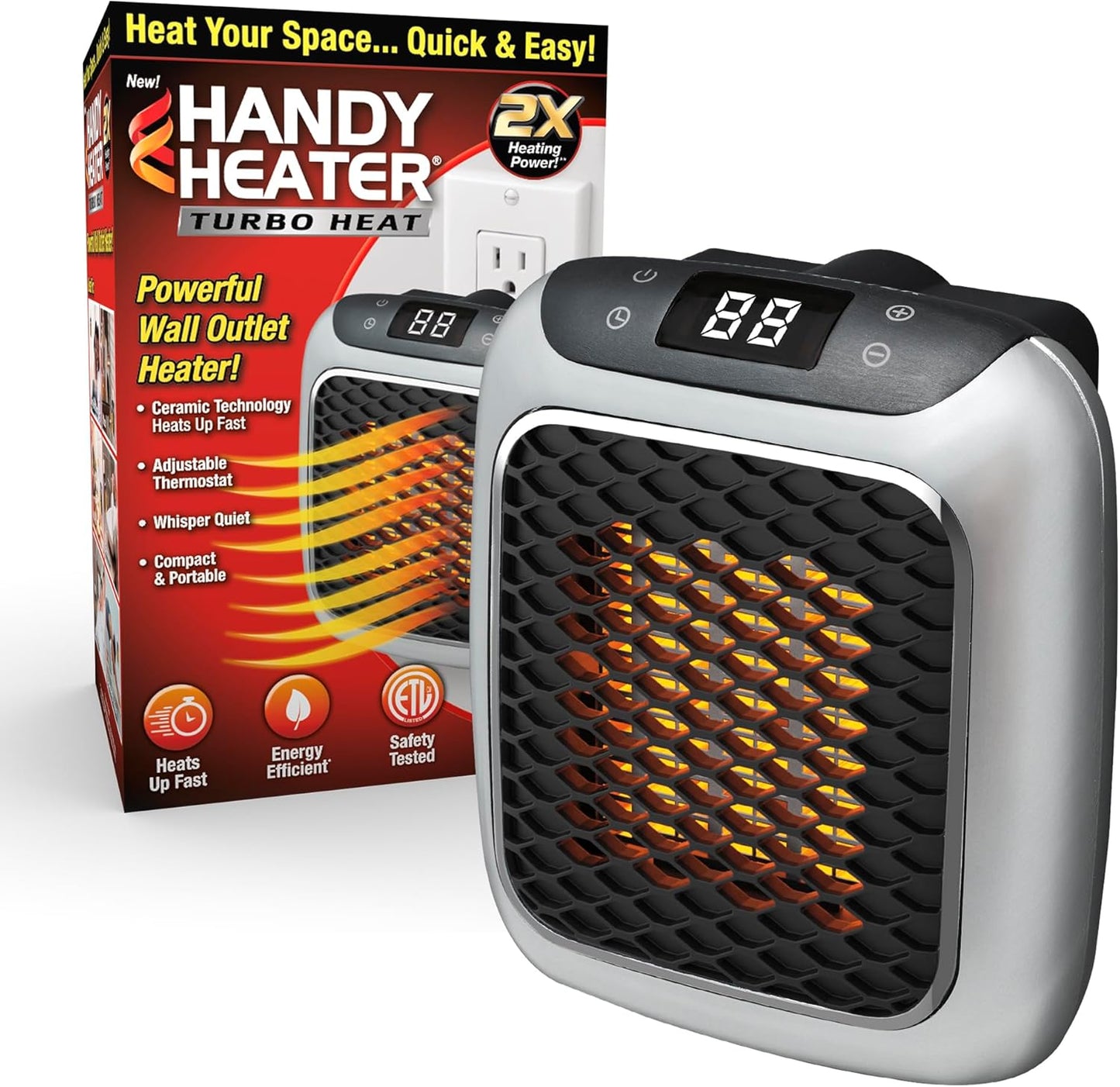 Ontel Handy Heater Turbo Wall Outlet Small Space Heater with Adjustable Thermostat, Programmable 12-Hour Timer, Auto Shut Off - Quiet, Space-Saving, Ceramic (Packaging May Vary) (Turbo Heat)