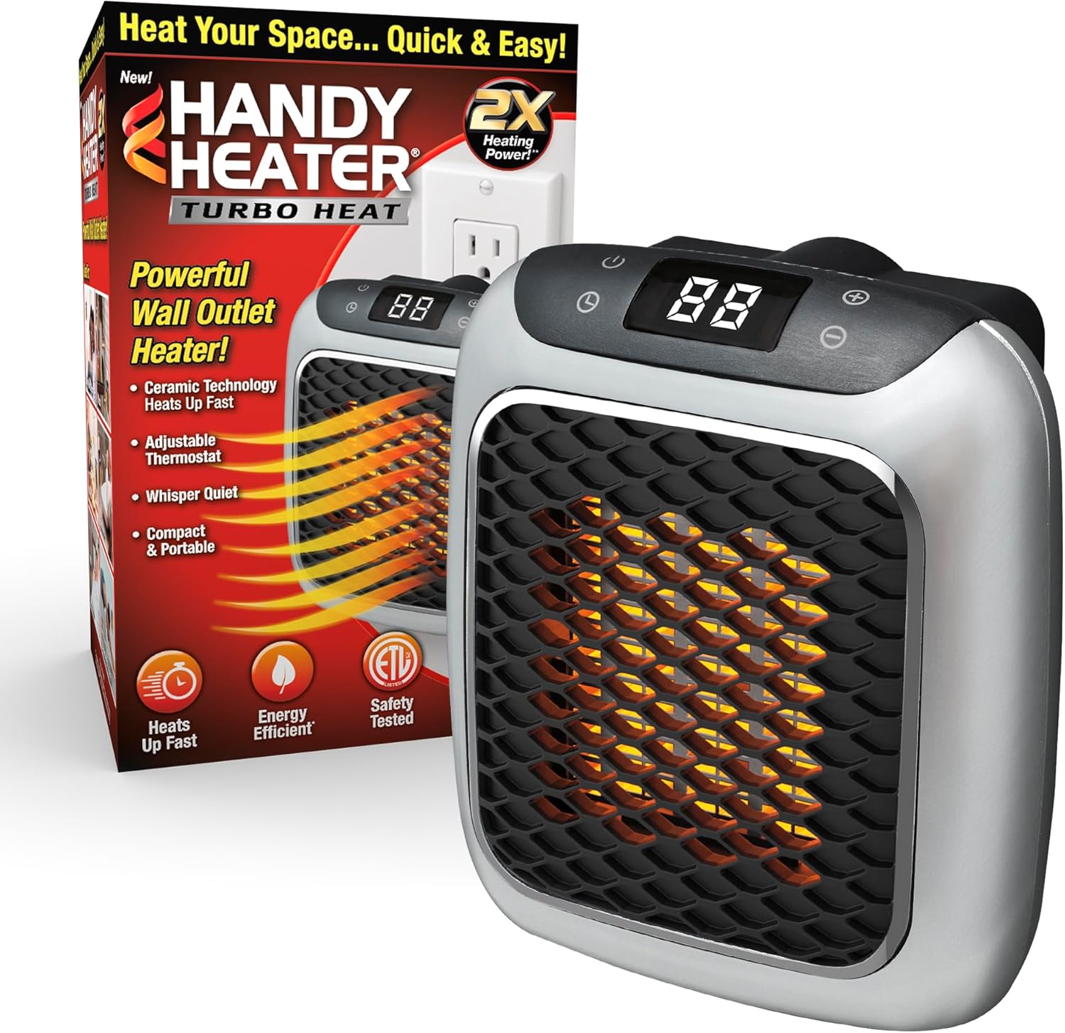 Ontel Handy Heater Turbo Wall Outlet Small Space Heater with Adjustable Thermostat, Programmable 12-Hour Timer, Auto Shut Off - Quiet, Space-Saving, Ceramic (Packaging May Vary) (Turbo Heat)