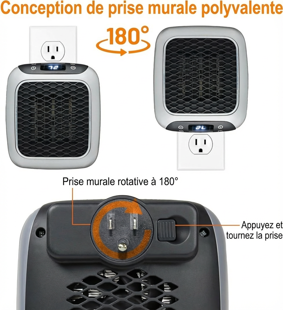 Ontel Handy Heater Turbo Wall Outlet Small Space Heater with Adjustable Thermostat, Programmable 12-Hour Timer, Auto Shut Off - Quiet, Space-Saving, Ceramic (Packaging May Vary) (Turbo Heat)